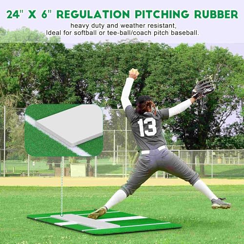 Mini Softball Pitching Mat with Regulation Softball Pitching Rubber and Powerline Non-Slip Rubber Backing for Indoor Outdoor Pitching Practice by Softball and Baseball Pitchers 3\' X 2\' - Green