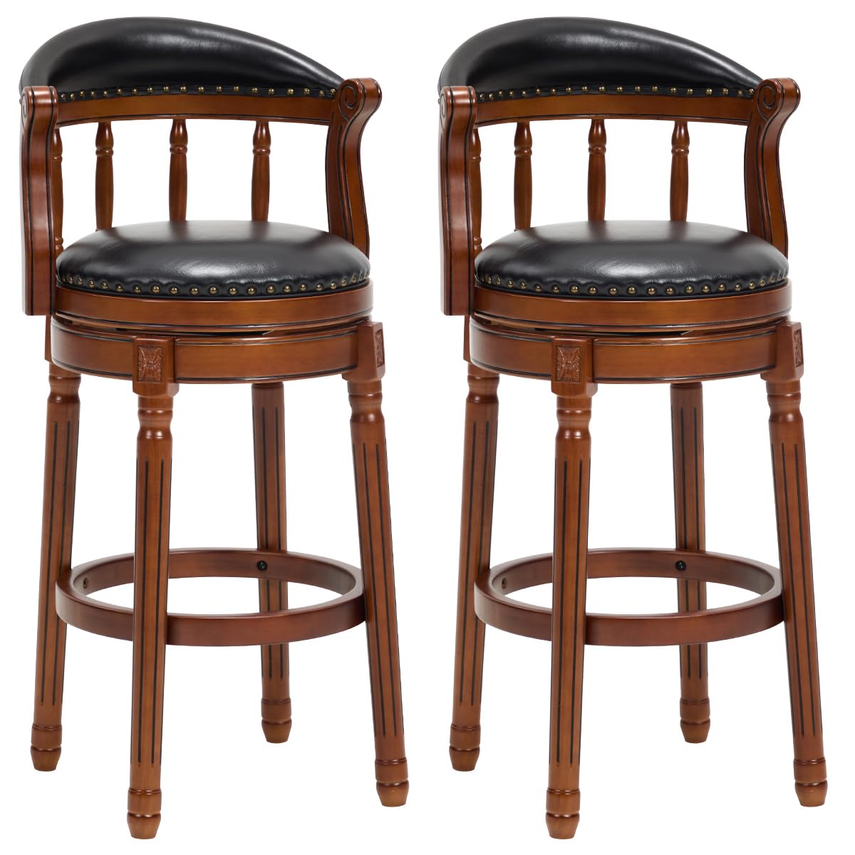 AULIFE Cow top Leather Wooden Bar Stools, 29.5" Height Bar Chair with Back, 180 Degrees Swivel Bar Stools Chair for Home Kitchen Counter,Restaurant (