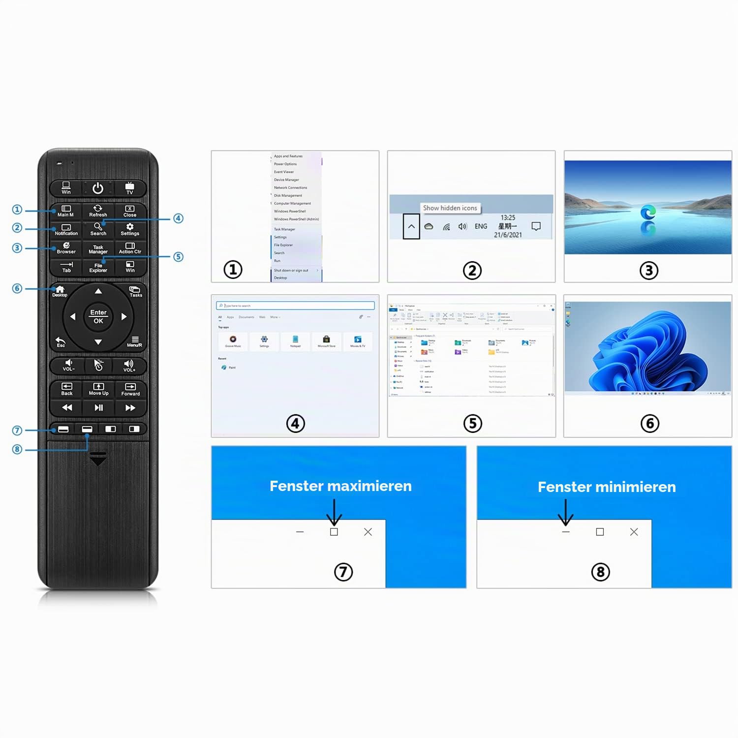 Pepper Jobs W10 Gyro LED-Hintergrundbeleuchtung Tastatur Fly Mouse QWERTY Tastatur für Windows 10, Mini PC (GLK-UC2X) Controller, 6-Achsen Gyro Air Remote W/Learning Fernbedienung Funktion
