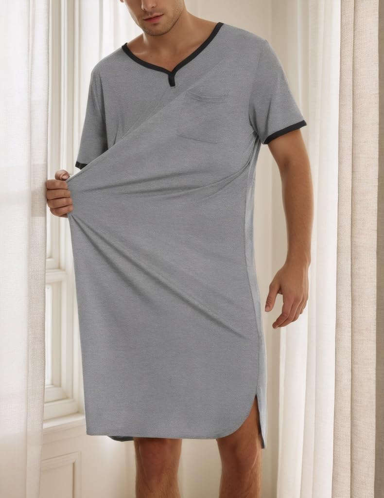 sandbank Men's Night Shirts for Sleeping Henley Neck Nightshirt Short Sleeve Big and Tall Loose Kaftan Night Shirts Sleepwear