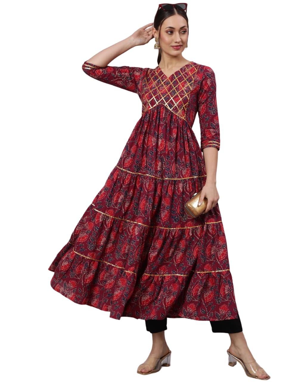 Glam Roots Women Cotton Printed V Neck 3/4 Sleeve Tiered Kurta