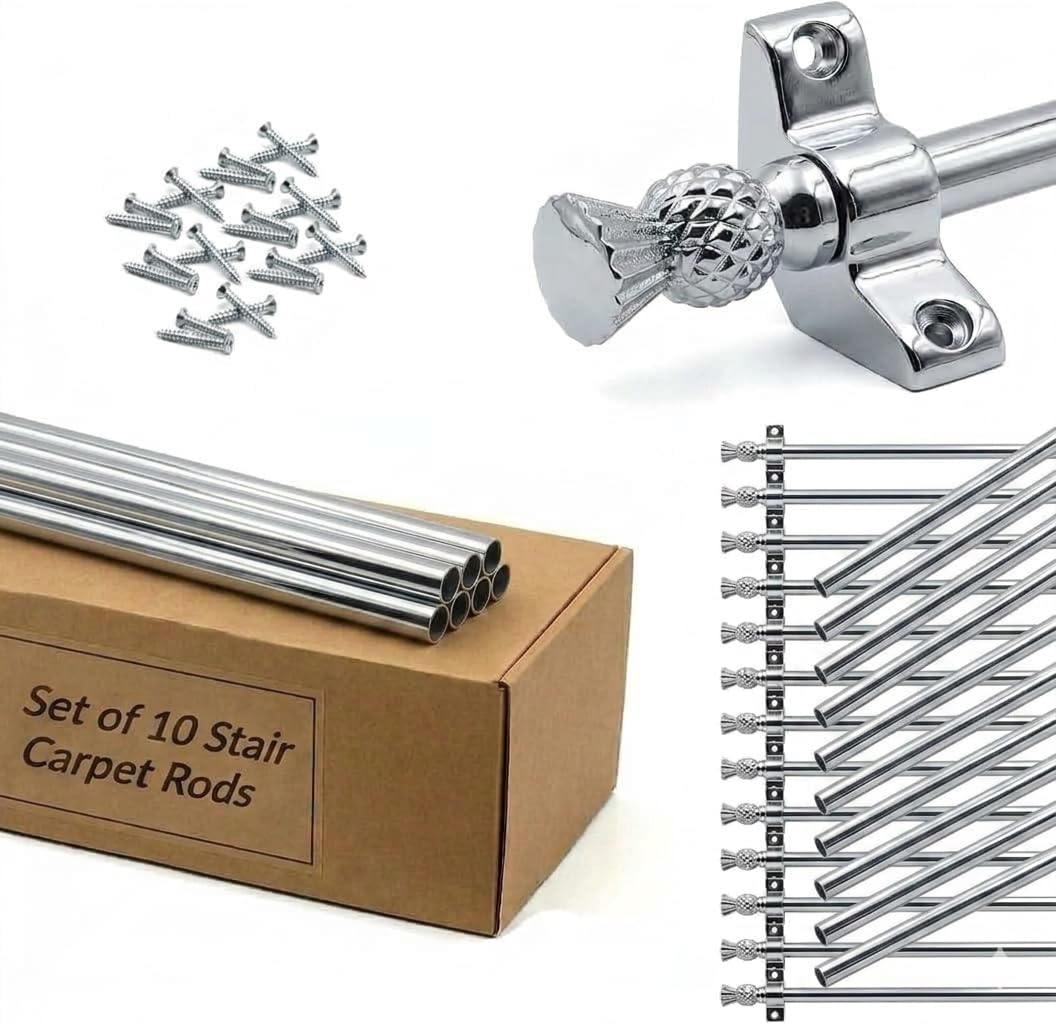 Set of 10 Stair Carpet Rods, 70cm Satin Chrome with Thistle Finials