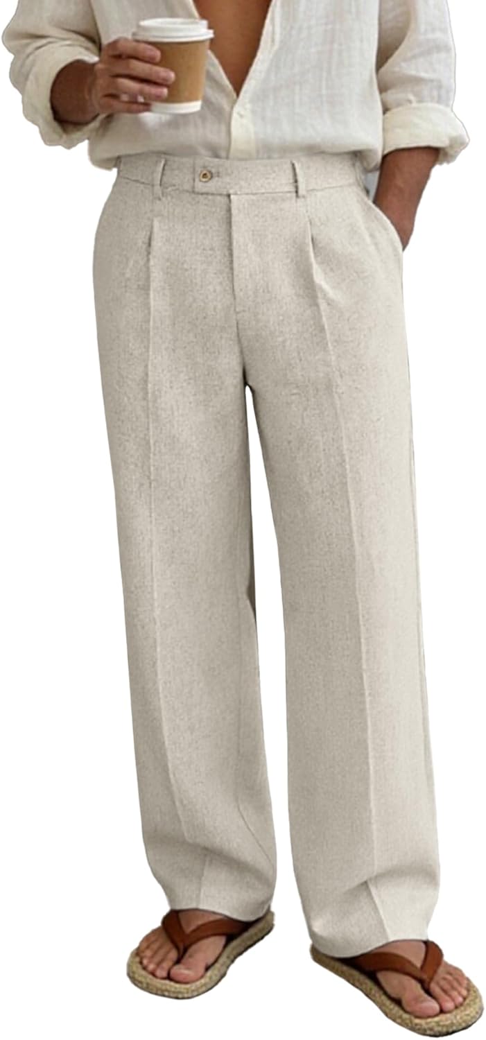 Susclude Mens Linen Casual Dress Pants Old Money Wide Leg Baggy Pleated Slacks Elastic Waist Work Vacation Trousers