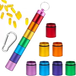 Small Portable Pill Case Keychain, Anglecai Waterproof Metal Pill Holder Tube Mini Pill Organizer Weekly Pocket Pill Boxes, Pill Container Holder with 7 Compartments for Travel Camping