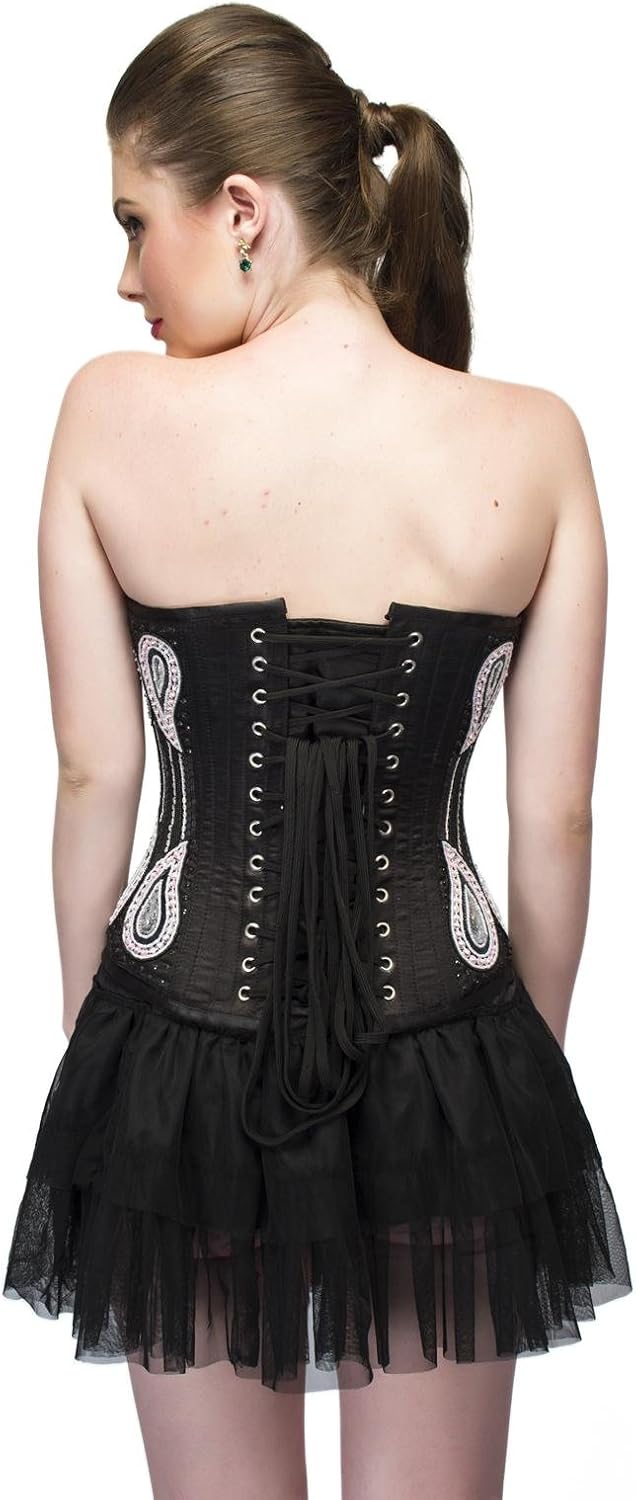 Black Satin White Sequins Burlesque Costume Overbust Corset Waist Cincher Top