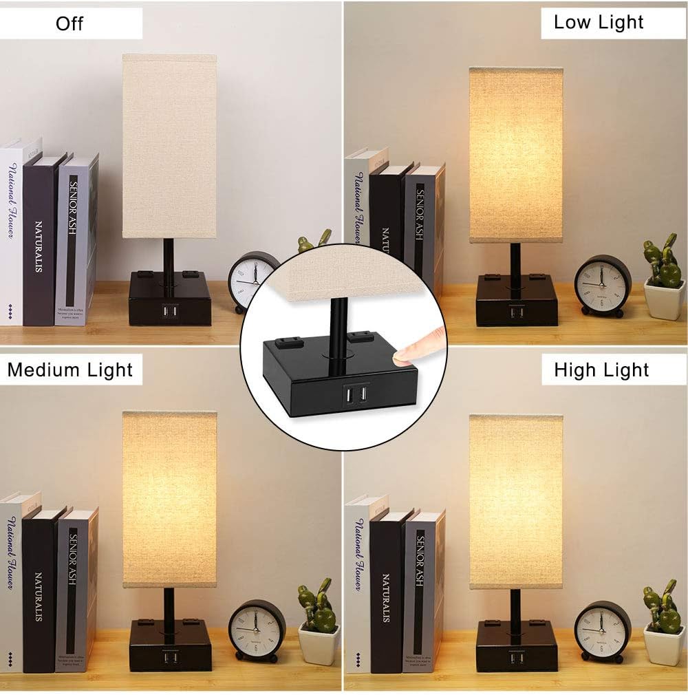 Dicoool Touch Table Lamps for Bedrooms, Bedside Lamp with USB Port and Outlet, Nightstand Lamp 3 Way Dimmable, w/ Fabric Shade and Metal Base for Study Room, Living Room, Set of 2
