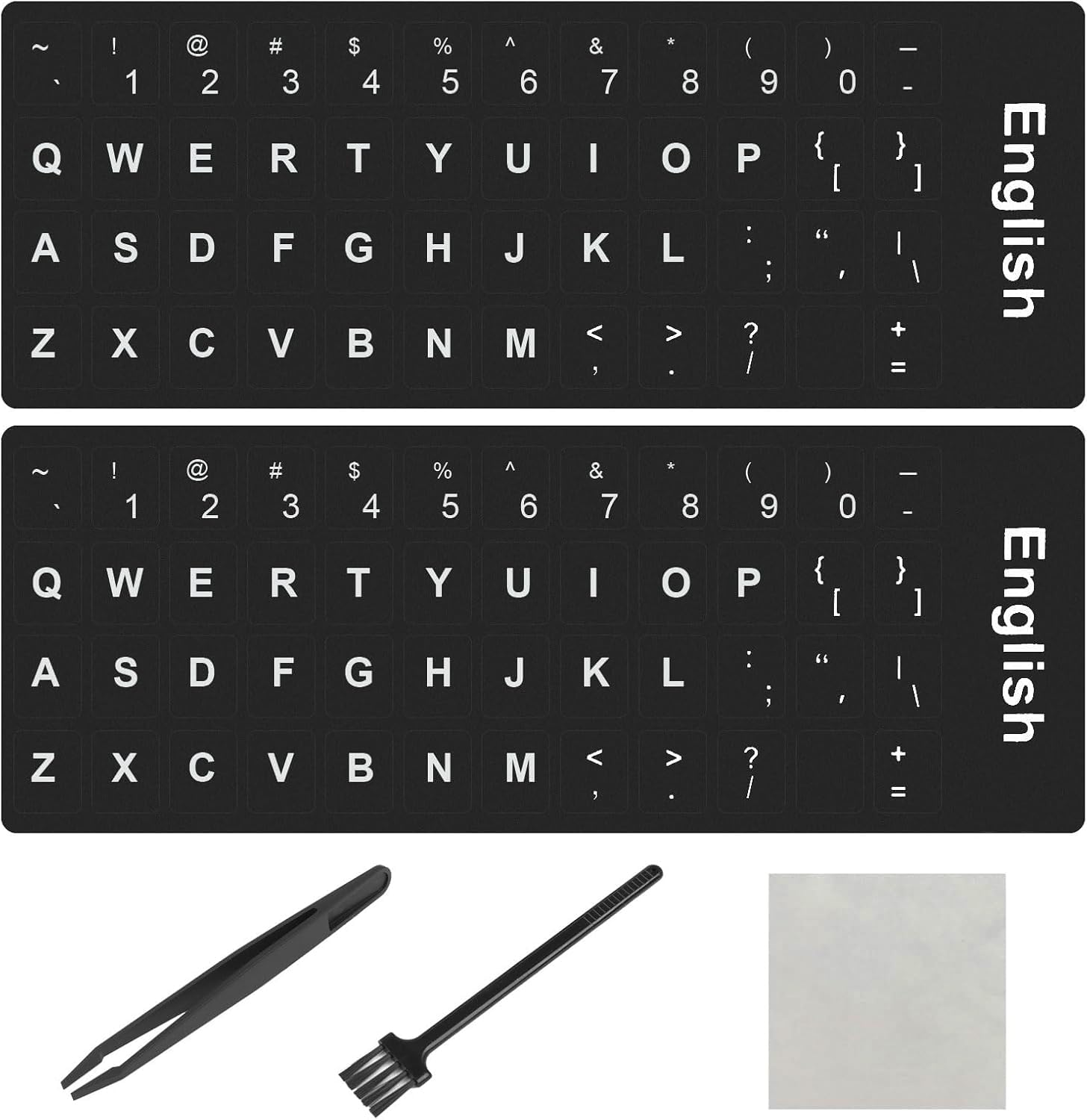 2PCS English Keyboard Stickers, Universal Replacement English Keyboard Letter with Tweezer Black Background White Lettering Alphabet Stickers for Laptop Notebook PC Computer Desktop