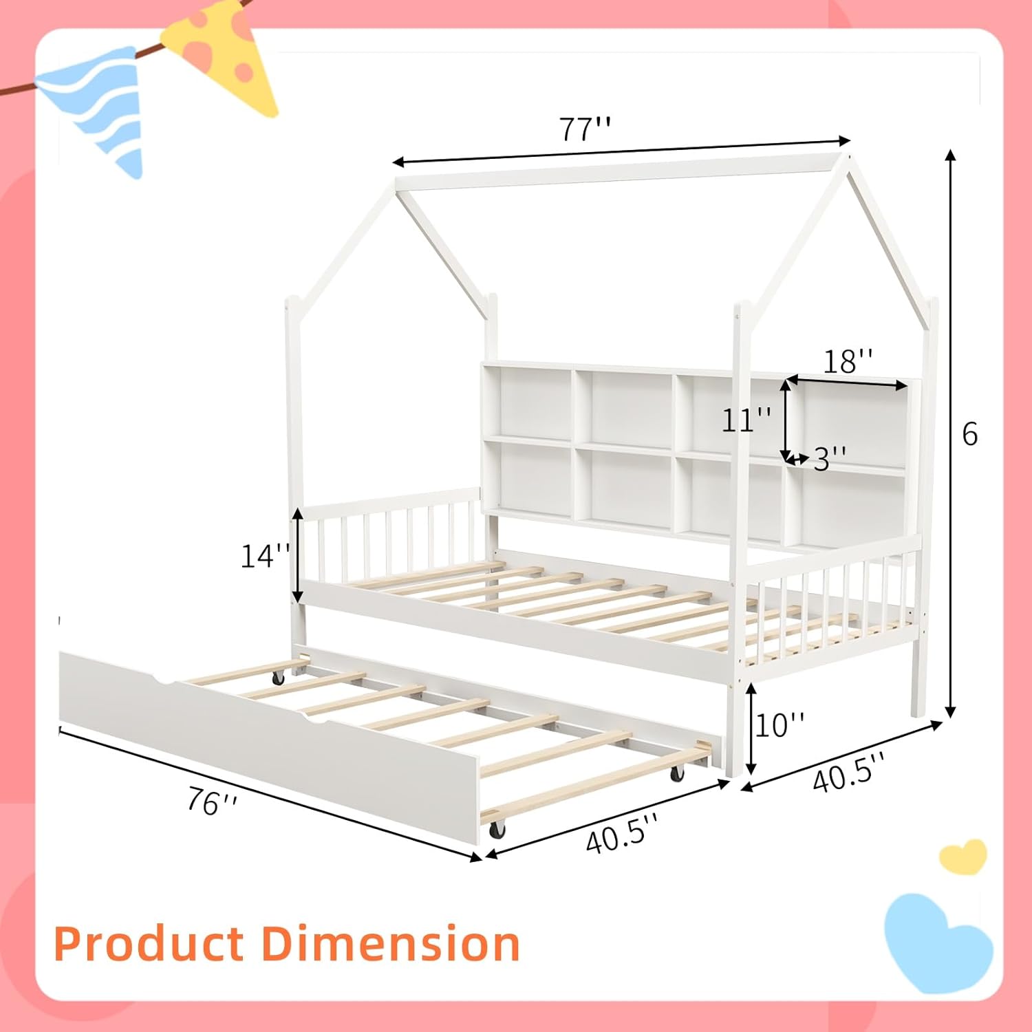 GORELAX Wooden Twin Size House Bed with Trundle, Montessori Bed Frame for Kids with Storage Shelves & Roof, No Box Spring Required, Playhouse Beds for Girls Boys Teens Bedroom
