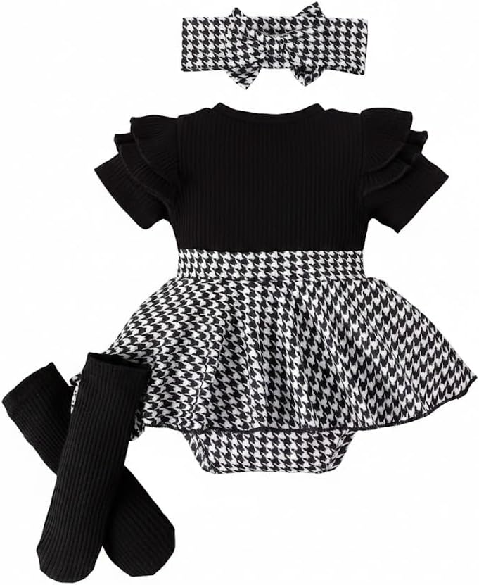 Baby Girl Outfit 3 Piece Set Black White Houndstooth Romper with Headband & Socks Newborn 0–12M