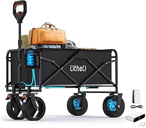 Litheli Electric Collapsible Wagon Cart Foldable, 100L Portable Folding Wagon Cart with Wheels, Outdoor Lightweight Utility Carts for Beach Grocery Camping Shopping and Fast Charger