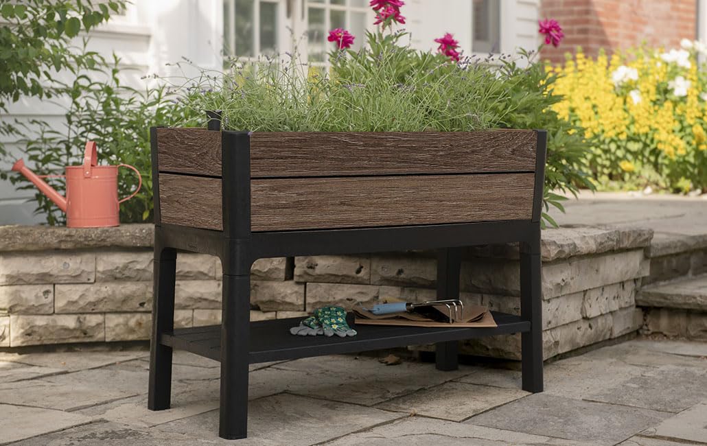 Keter Fioriera da Esterno Deco, Ideale per Fiori e Aromatiche, Finitura Effetto Noce, Capacità 120L, 113x47,5x79,8H cm