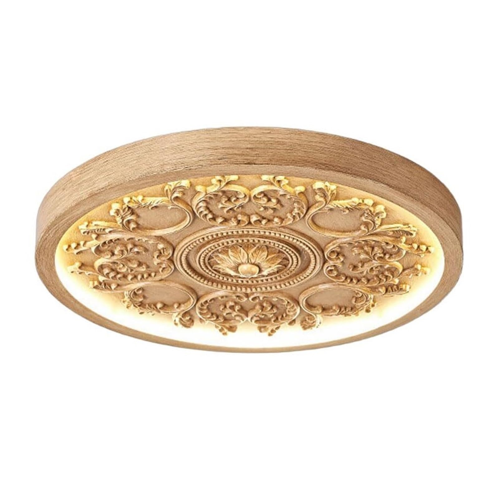 KHUKHU LED Flush Mount Ceiling Light, French Style Carved 3000K/4000K/6000K Dimming Hardwire Light Fixture,Round Lamp for Kitchen Porch Bedroom Hallway Stairwell Basement(Wood,33cm)