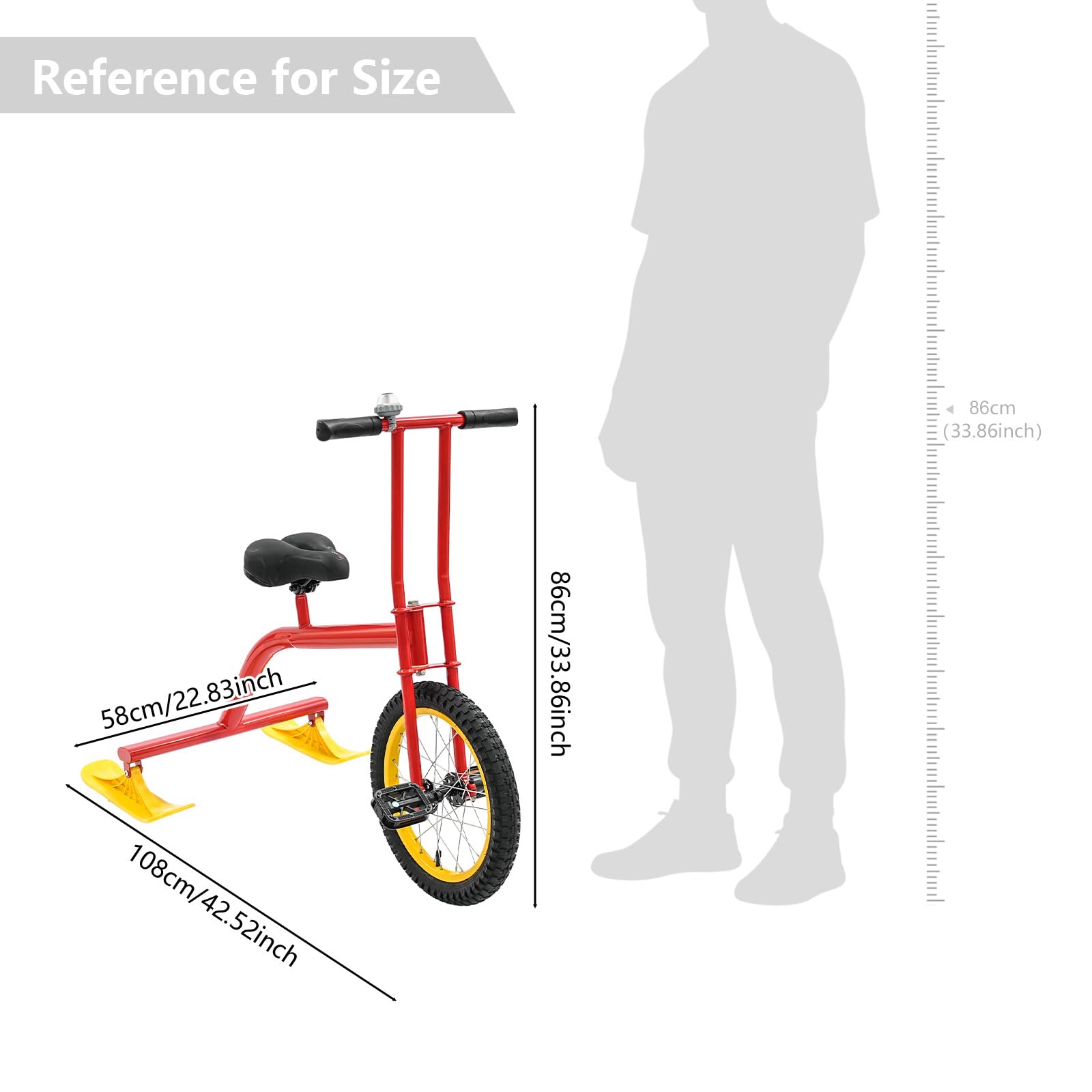 Monopattino da neve, portata 100 kg, leggero, con sella, snowboard, 108 x 58 x 86 cm | Azionamento a una ruota, slittino con allarme, campanello da sci, bicicletta per gite in famiglia, attività in campus