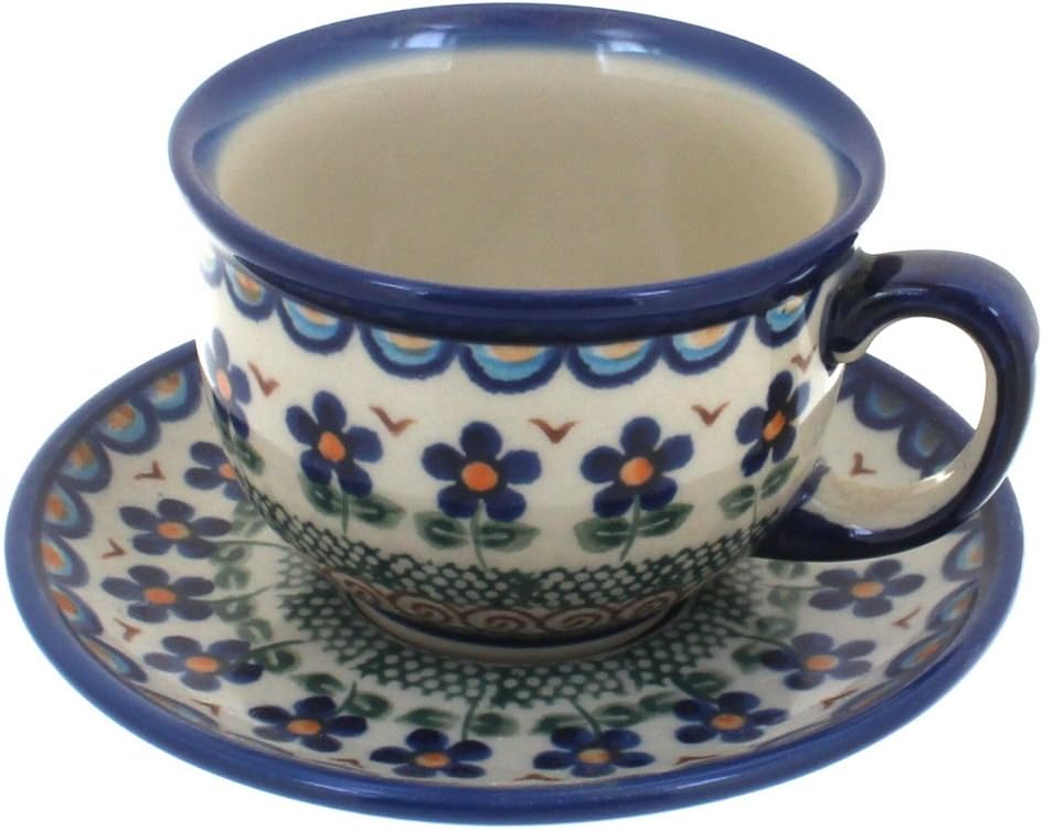 Blue Rose Polish Pottery Aztec Flower Cup & Saucer