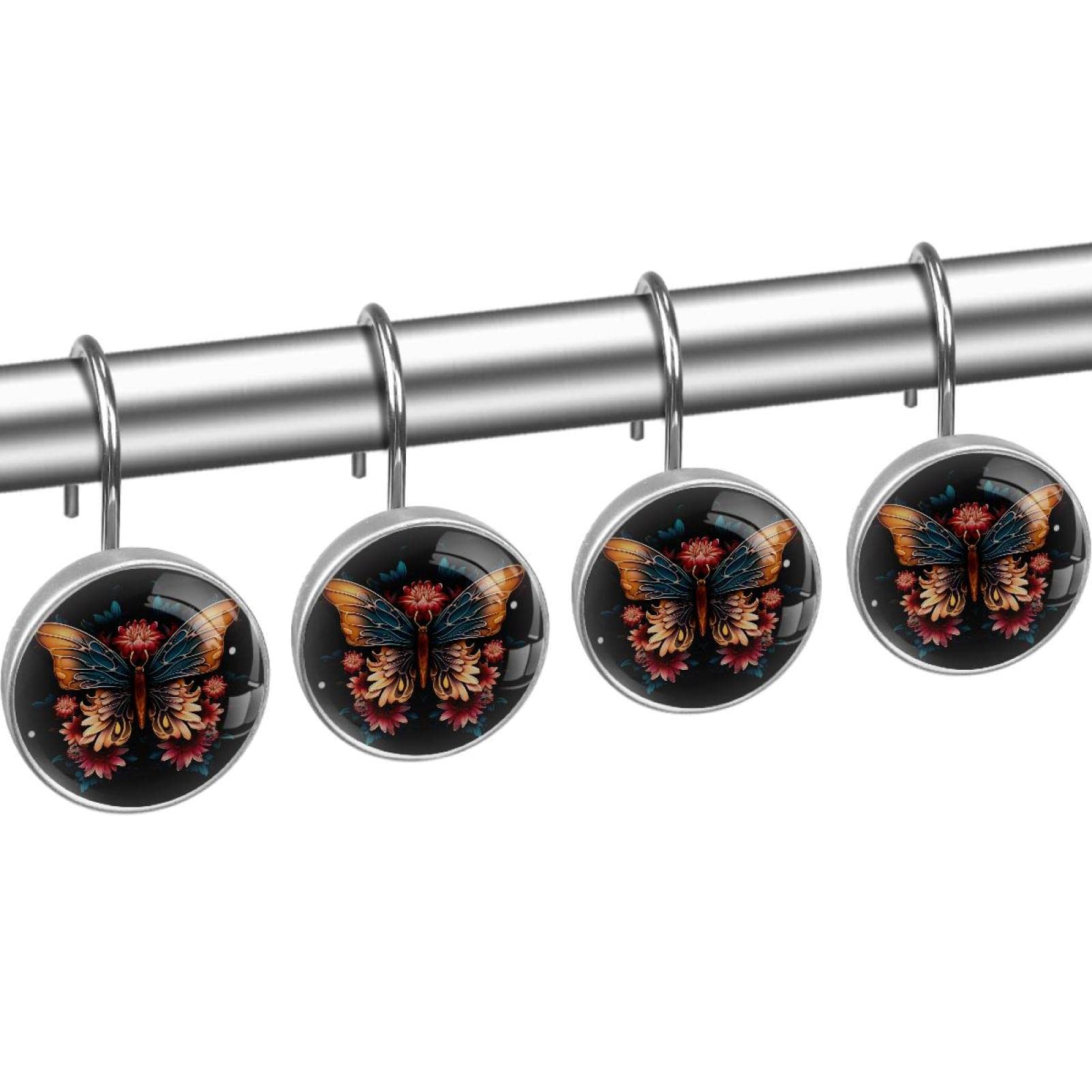 12 Ganci Per Tenda Doccia Con Farfalla E Fiori, In Vetro Cristallo E Acciaio Inox, Antiruggine, Scorrevoli, Per Bagno, Diametro Gancio 2,8 Cm