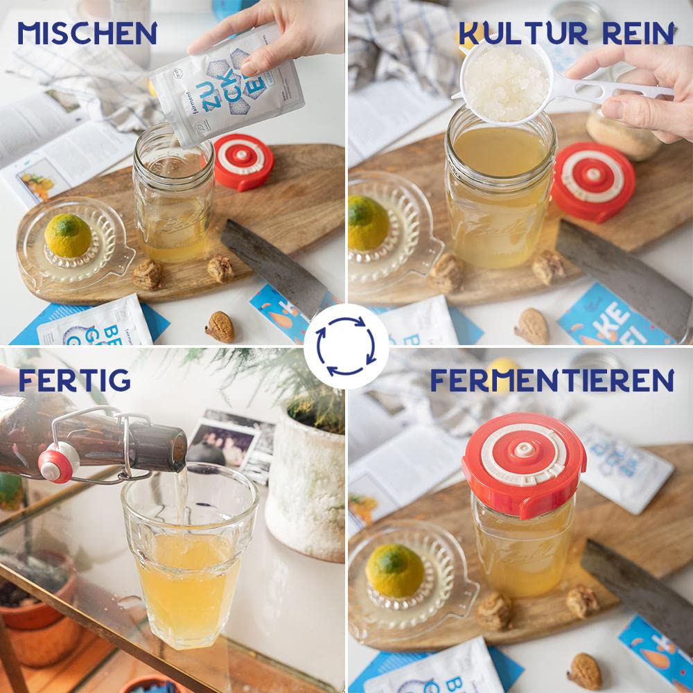 Fairment Starterkit Wasserkefir - Bio Kefirkristalle, Glas, Zutaten, Zubehör und Rezepte