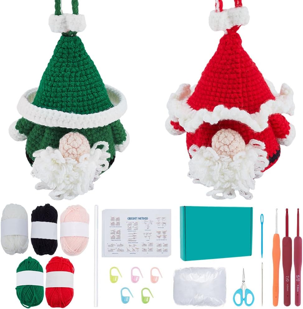 BEUNITONE 2 Sets Christmas Gnomes Crochet Kit for Beginners, Santa Claus Crochet Stater Kit with Tutorial, DIY Knitting Crocheting Doll Set for Adults and Kids Festival Christmas Decoration