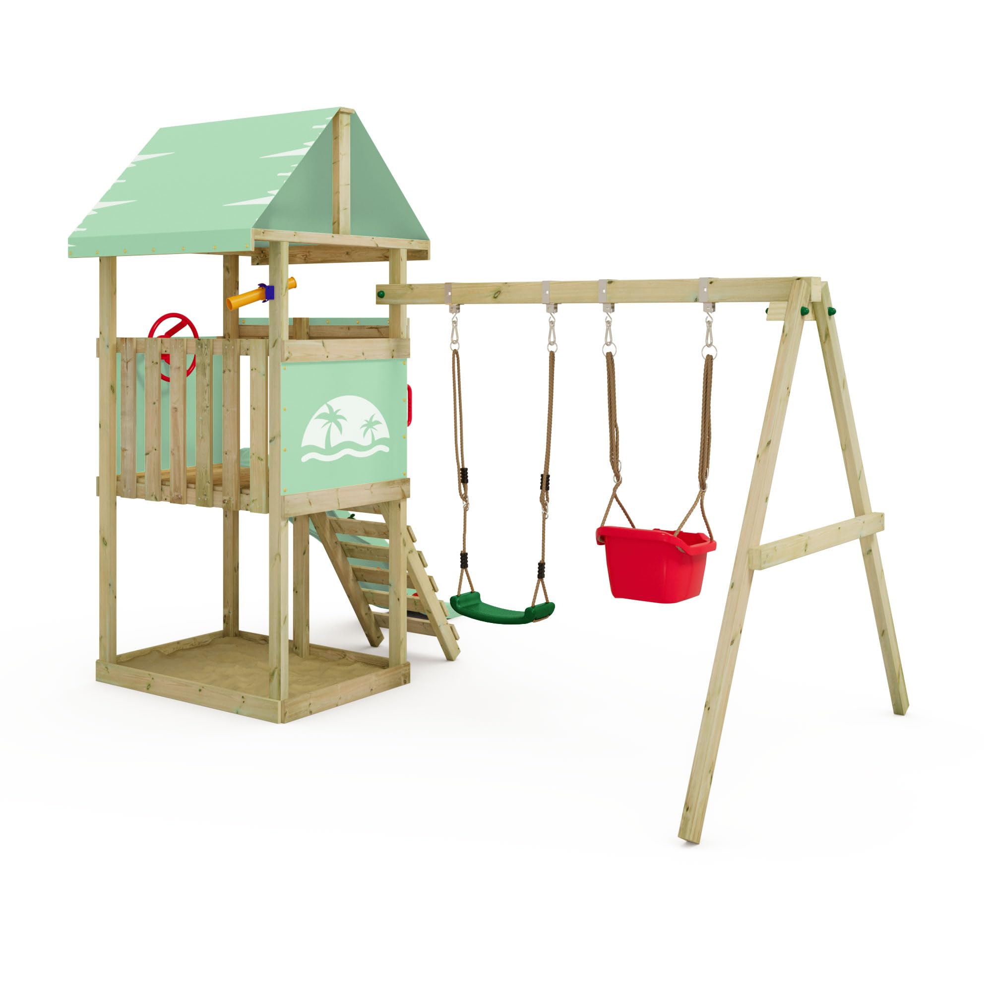 Wickey Spielturm DinkyHouse mit Schaukelanbau, pastellgrüne Rutsche | Plane, Kletterturm für Garten, Massivholz, 303x317x247 cm