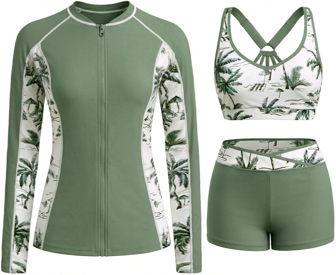 Daci Women 3 Piece Rash Guard - Long Sleeve Zip Up Swim Shirt with Sports Bra and Shorts UPF 50+ Modest Swimuits 2026