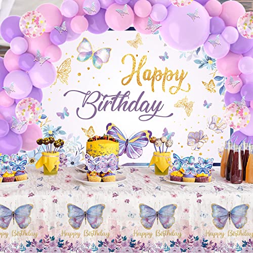 Purple And Pink Butterfly Themed Party Decoration For Girls, 106Pcs Butterfly Birthday Balloons Arch Carland Kit For Spring Summer, Watercolor Butterfly Themed Banner, Tablecloths, 3D Wall Stickers #TOP1