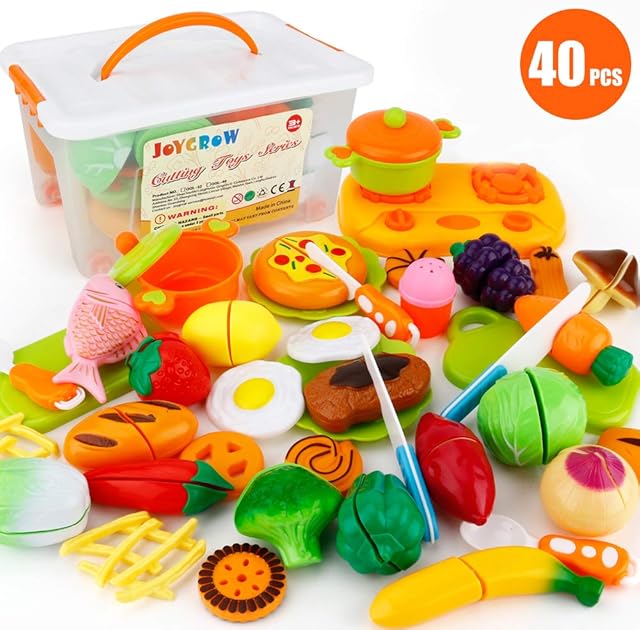 JoyGrow 40 PCS Kitchen Toys Cutting Toys Pretend Vegetables Fruits Play Food Educational Toys for Girls Boys Kids With Storage Case
