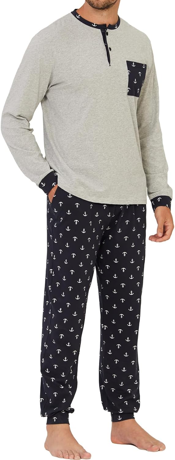 Keyocean Mens Henley Pajama Set, Soft Cotton Long-Sleeve T-Shirt & Pants 2-pieces PJ Set for Sleeping - Image 4