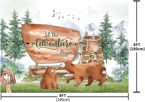 Vista 7 de MEHOFOND Telón de fondo para baby shower de bosque, Let The Adventure Begin, pino, montaña, desierto, bosque, baby shower, fondo de fotografía
