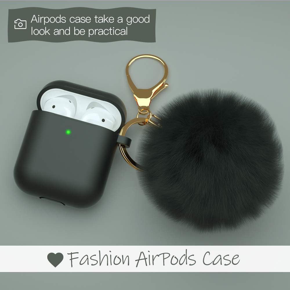 BRG for AirPods Case,Soft Cute Silicone Cover for Apple Airpods 2 & 1 Cases with Pom Pom Fur Ball Keychain/Strap/Earbuds Accessories (Front LED Visible)