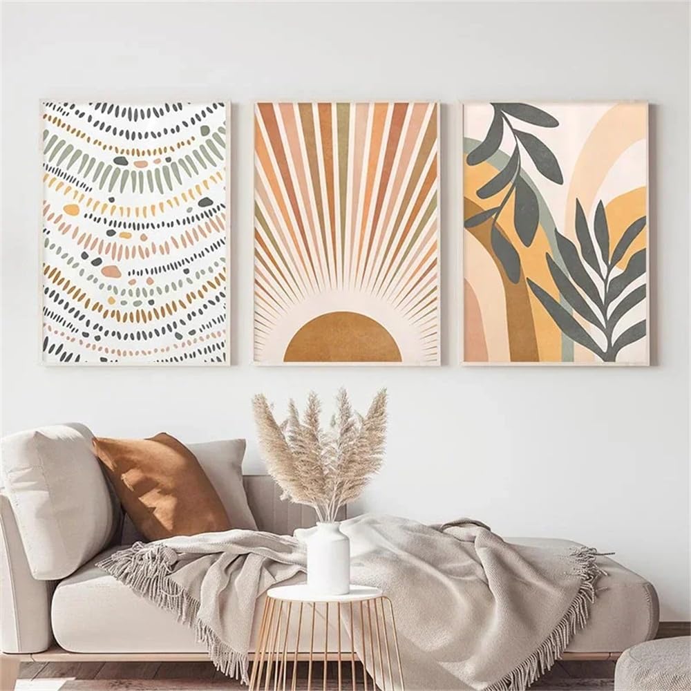 WUHBCZ Canvas Paints-Boho Abstract Leaf Canvas Painting Rainbow Sun Posters Nordic Wall Art Pictures Prints for Living Kitchen Office Room Home Decor Artwork-60 * 80cm/3PCS (No Frame)