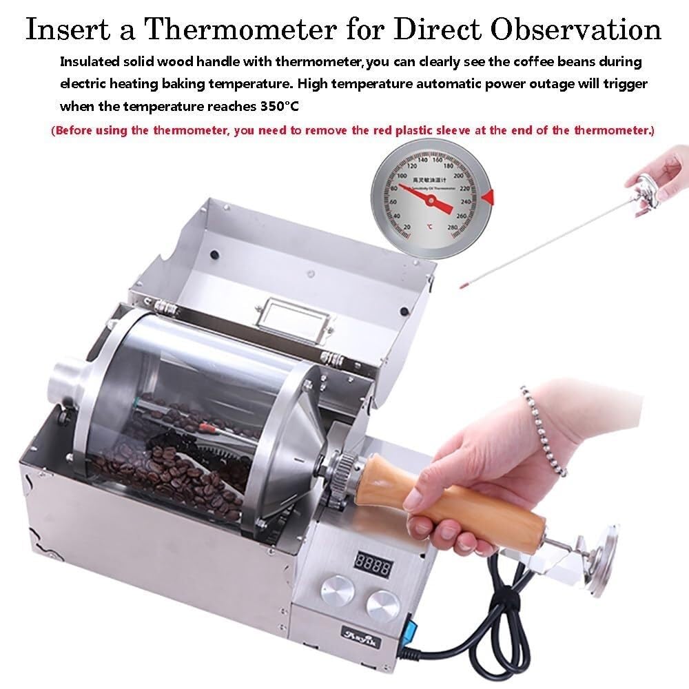 Tostatrice elettrica per caffè con termometro, tostatrice per caffè da 1200 W per uso domestico, tamburo in vetro al quarzo, temperatura e velocità regolabili, per tostare caffè, chicchi verdi, arac