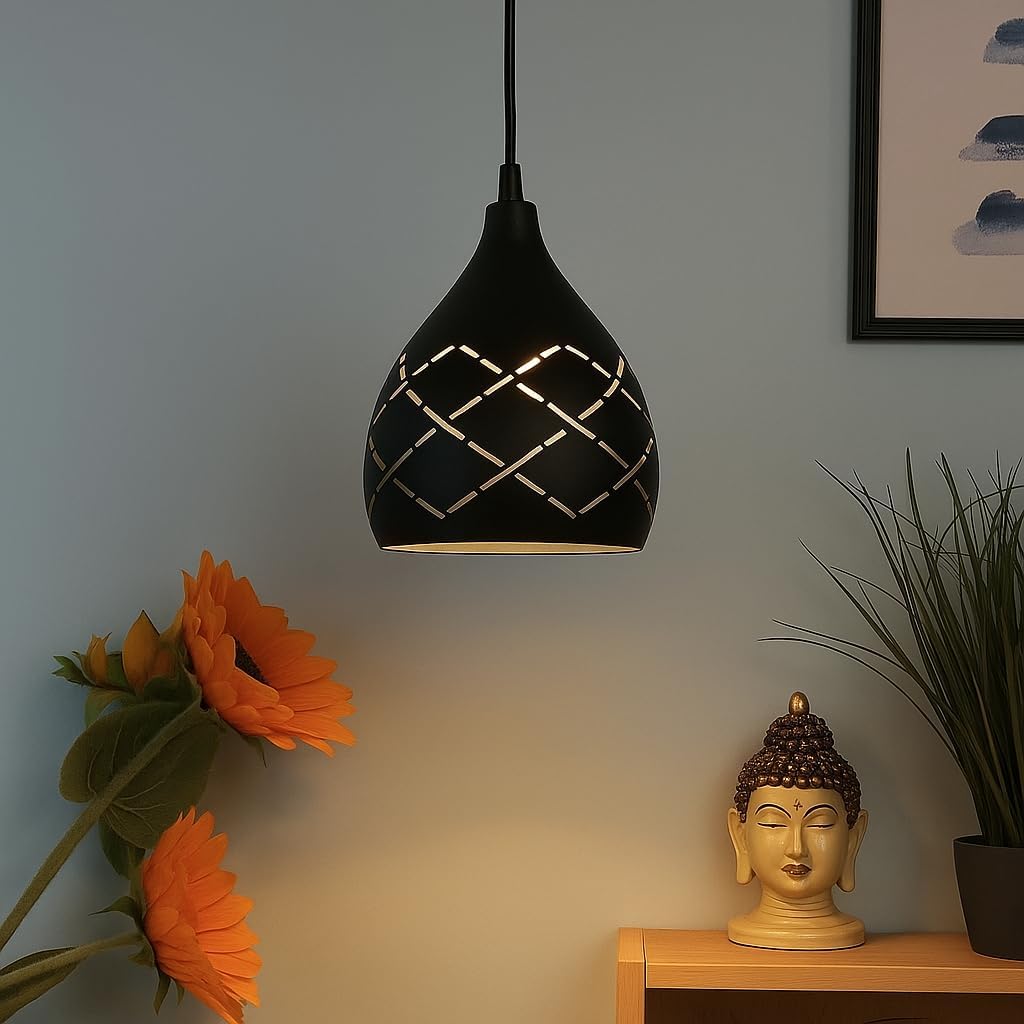 Modern Black Pendant Light with Geometric Pattern, Teardrop Shape, Decorative Ceiling Lamp(Bulb NOT INDLUDED)