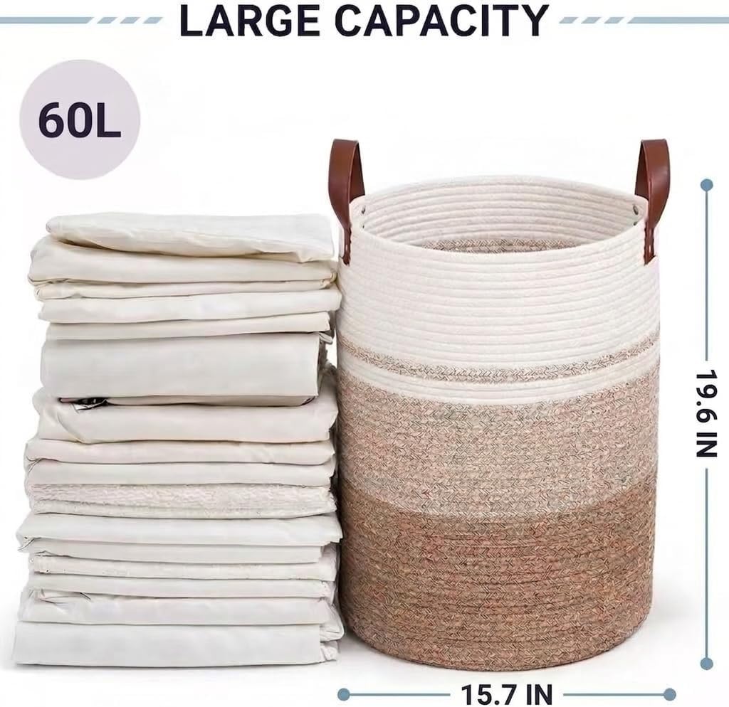 Laundry Basket,Woven Cotton Rope Laundry Hamper,60L for Decor Storage of Dirty Clothes,Toys and Blankets in Bathroom,Baby Room and Living Room (White Stripe Brown, 60L)