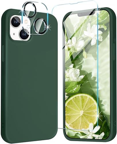 Fingic Funda para iPhone 13 5 en 1 con 1 protector de pantalla + 1 protector de lente de cámara Cojín de forro de microfibra de silicona líquida,