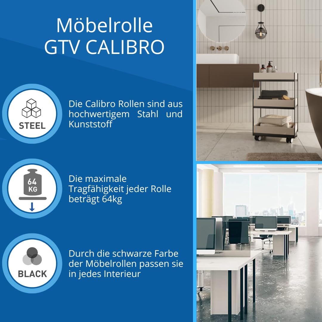GTV - Kółka meblowe CalIBRO | kółka skrętne | kółka do mebli | bez hamulca | średnica 75 mm | z tworzywa sztucznego i stali | czarne
