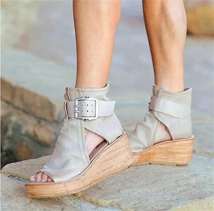 Amazon.co.jp: Women Casual Leather Retro Wedge Sandals Vintage Buckle  Design Lady Shoes Spring Summer Supply,Gray,41 : Clothing, Shoes u0026 Jewelry