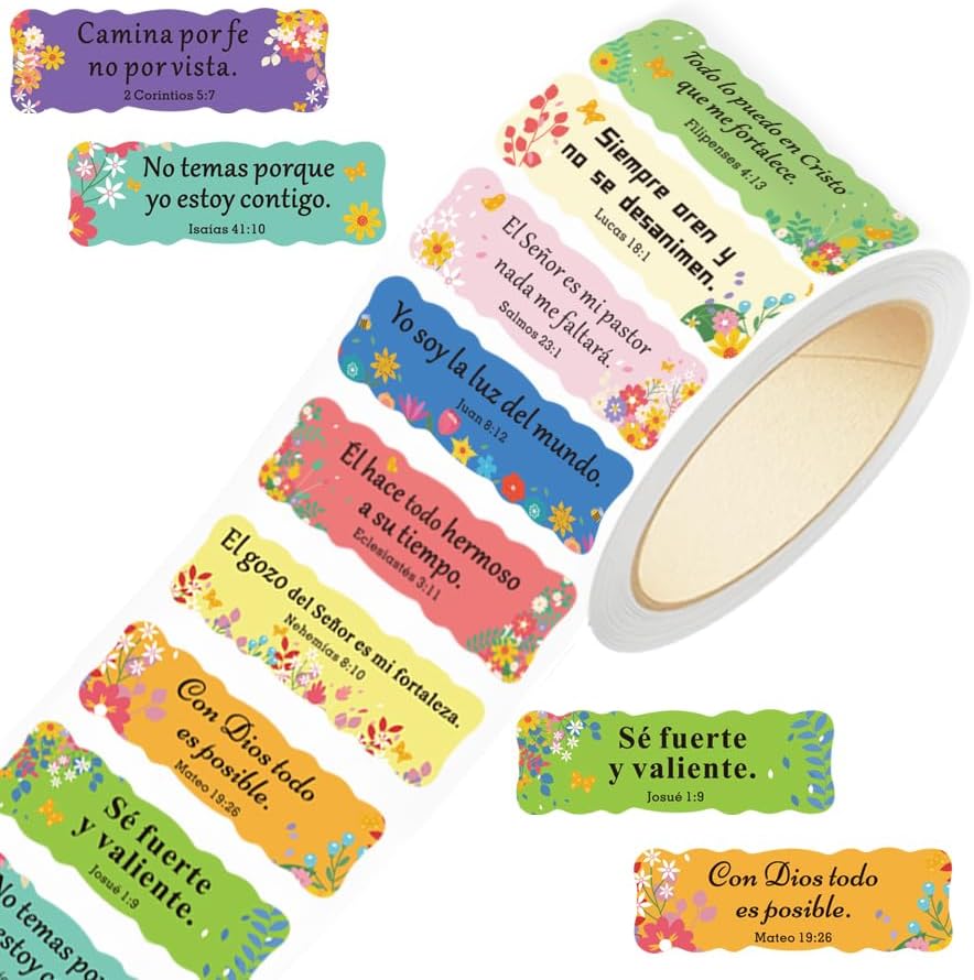 200 Pcs Spanish Bible Verse Stickers Roll, Colorful Floral Inspirational Scripture Labels for Packaging, Gift Wrapping, Envelope Sealing, Journals and Scrapbooking Decoration