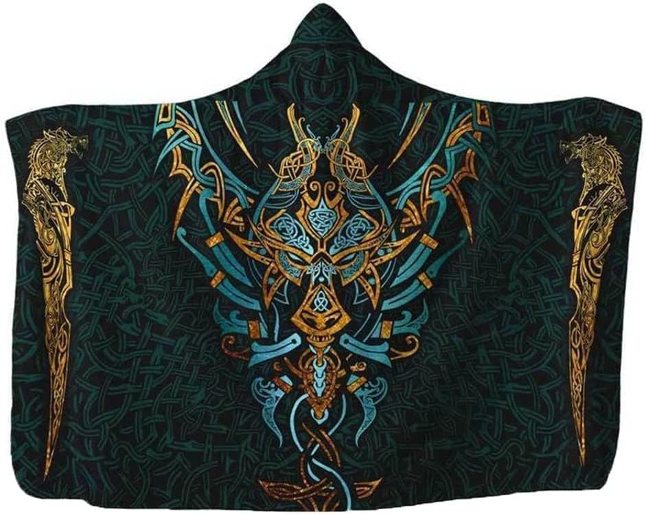 Manta con capucha vikinga, manta de lobo de mitología nórdica Fenrir impresa en 3D, manta pagana para fiesta al aire libre, festival, capa portátil,
