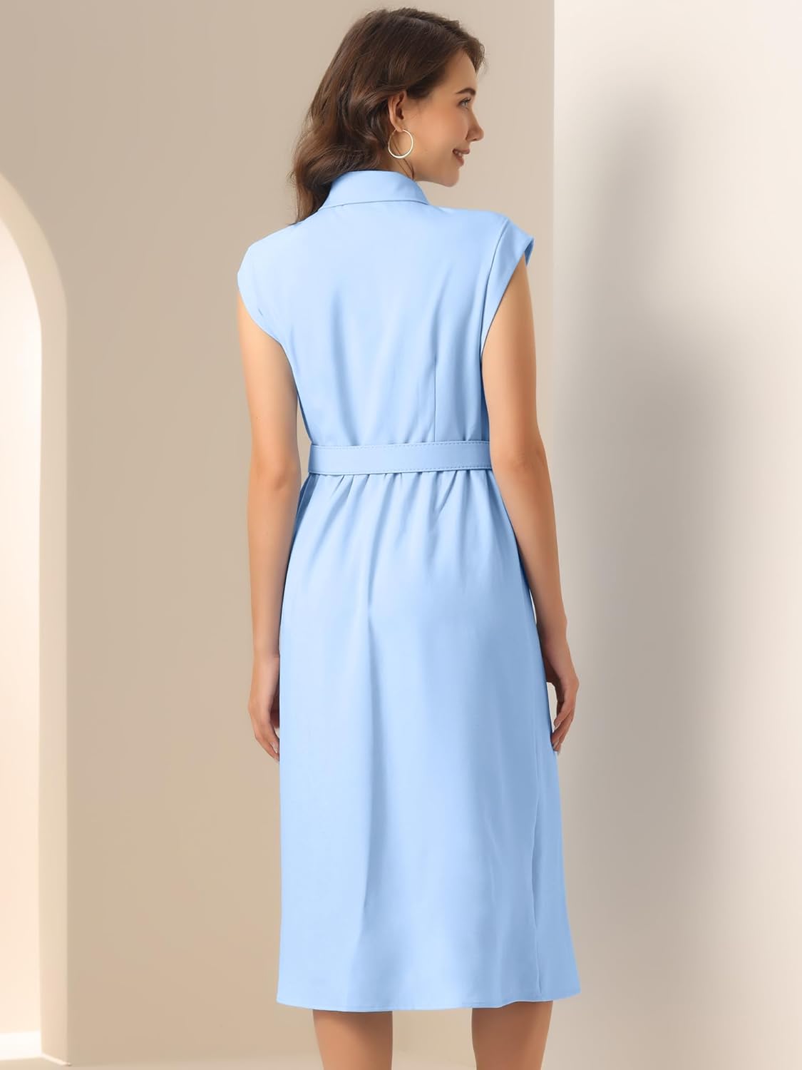 Allegra K Sleeveless Dress for Women's Collared Button Down Belted Waist Midi Work Dresses - Image 3