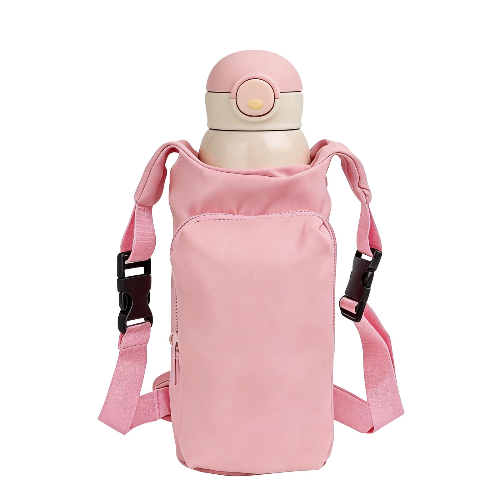 Apradas Water Bottle Carrier Bag, with Phone Pocket & Adjustable Shoulder Strap, for Hiking Travelling Camping (Pink)