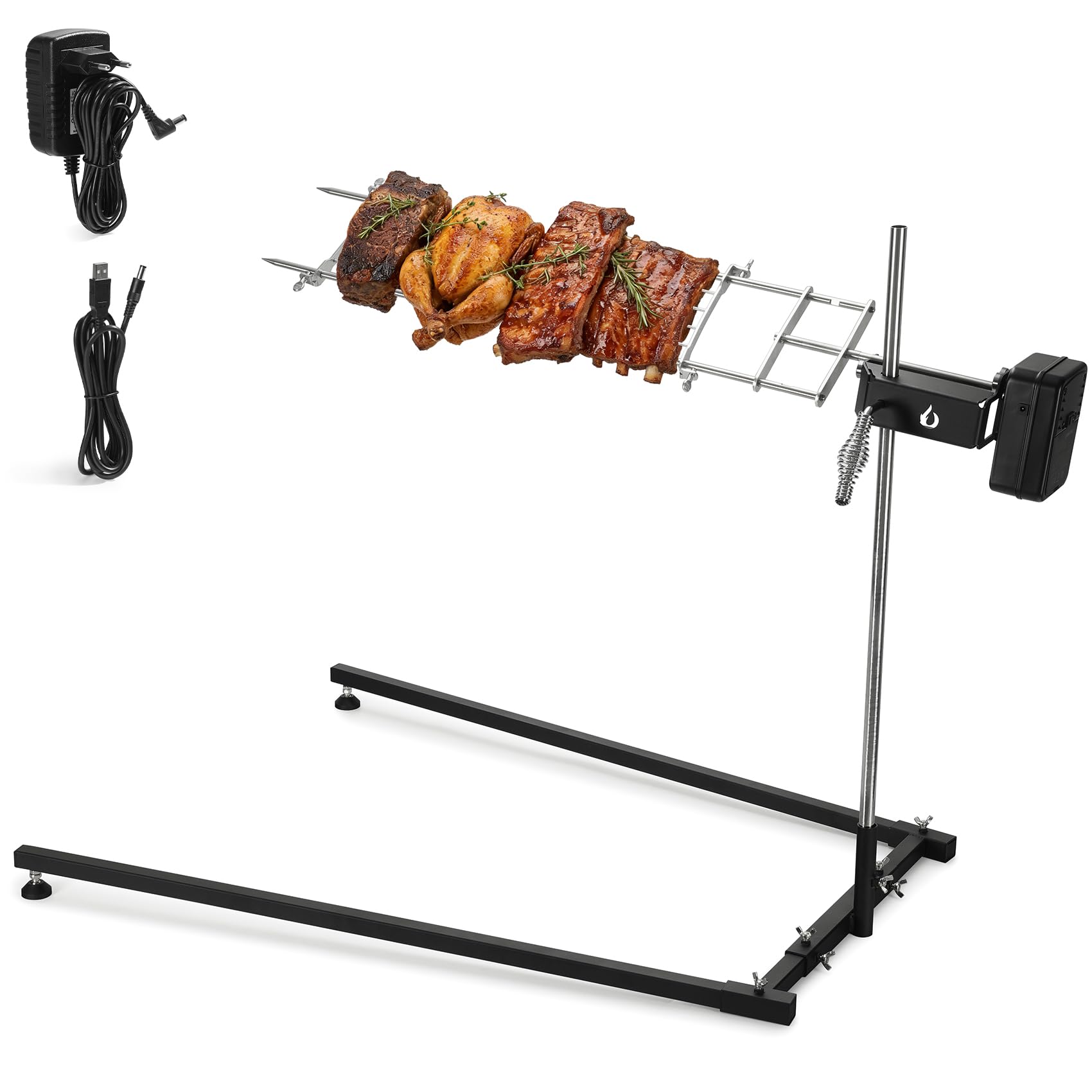 Onlyfire Asador Giratorio Eléctrico para Barbacoa, Altura Regulable 32,5-97cm, Motor 3 en 1, Kit de Brocheta Eléctrica para Fogones, Hogueras y Barbacoas de Carbón, Asador de Lechón Acero Inoxidable