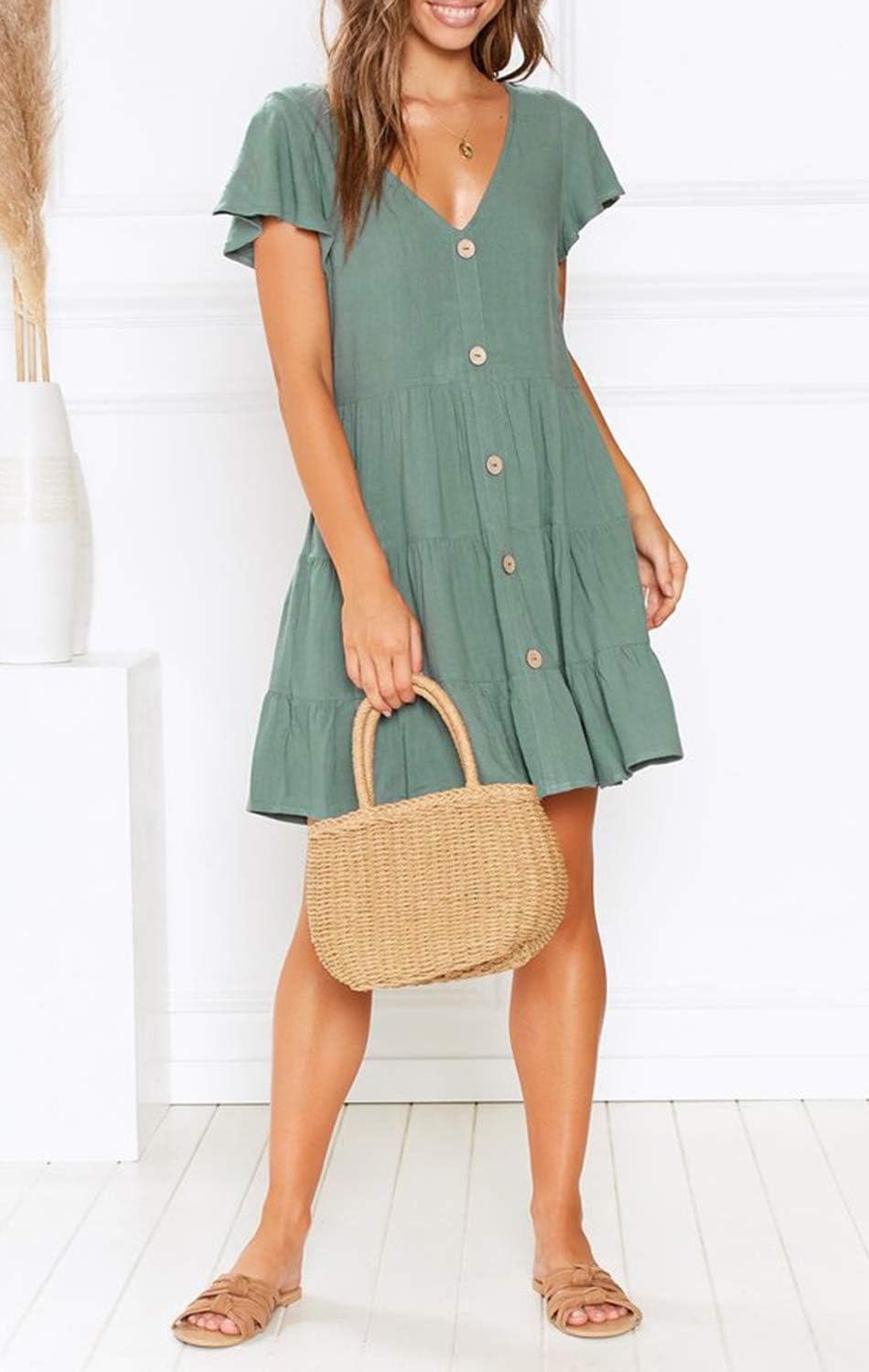 MITILLY Women's Casual T-Shirt Dresses Sleeveless V Neck Button Down A Line Loose Swing Short Dress with Pockets - Image 5