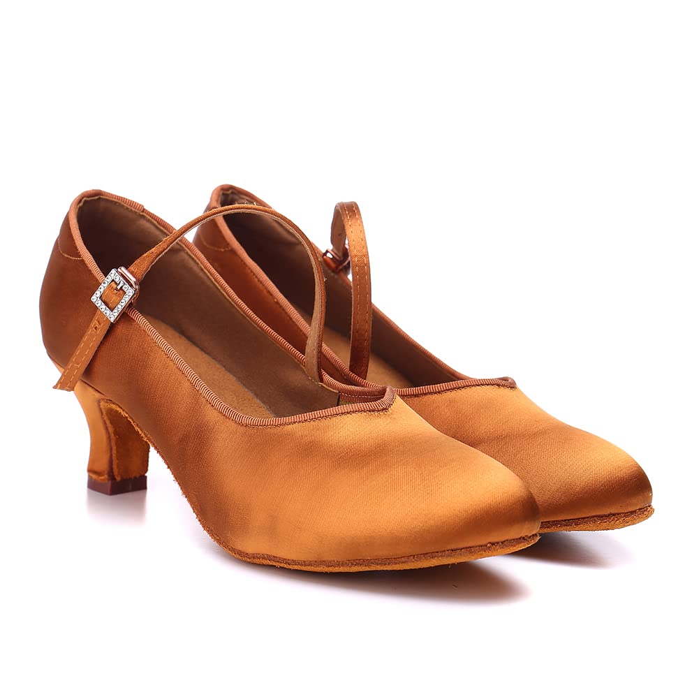 HIPPOSEUS Women's Latin Ballroom Dance Shoes Closed Toe Tan Satin Tango Salsa Practice Dancing Shoes with 2