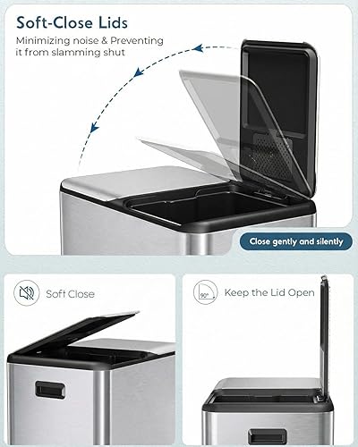 Vista 5 de Arlopu 16Gal Dual Trash Can w/2 Built-in Box for Odor Control, Hands-Free Kitchen Garbage Bin, Recycle Waste Dustbin, Soft-Close Lid, 2 Buckets,Foot