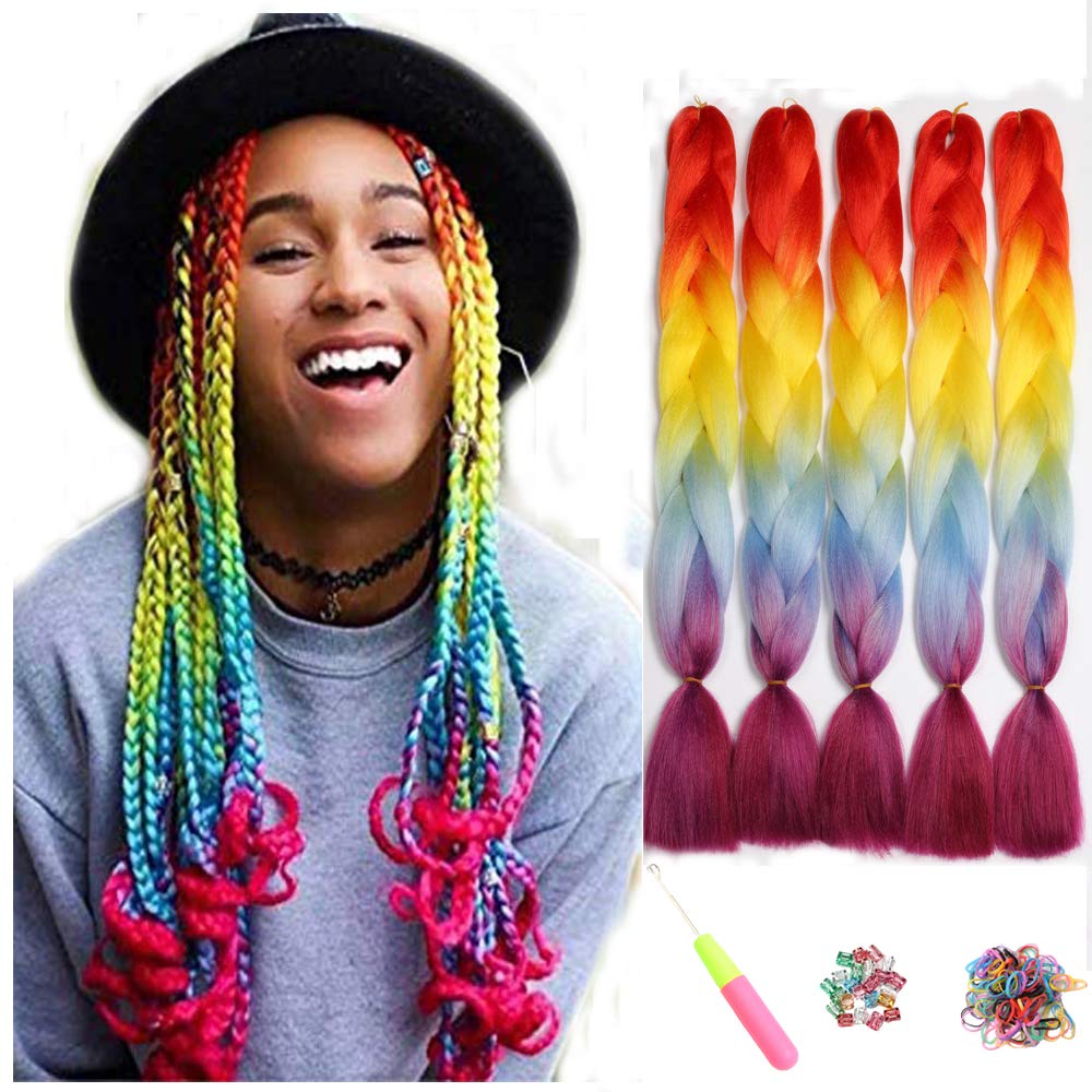 ShowJarlly Kanekalon Extensiones Pelo Africanas Trenzas, Sintetico Pelo Trenzas Africanas Extensiones de Trenzado de Cabello Para Ganchillo Trenzado de Extensiones Naranja/Amarillo/Azul/Morado Rojo