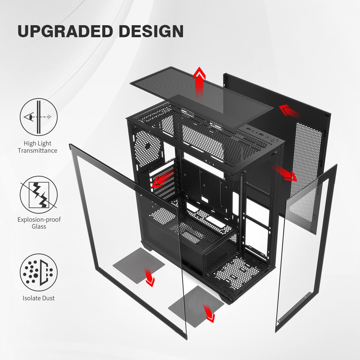 RUIX OV603 ATX Mid-Tower PC Case, spaziosa custodia da gioco ad alto flusso d'aria con 4 ventole PWM ARGB da 120 mm, porte USB 3.0 e tipo C, vetro temperato, custodia per computer di grande capacità