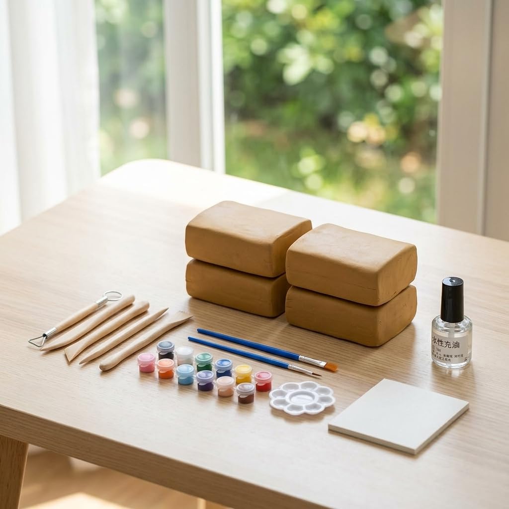 Argilla da Modellare Ceramica Autoindurente per Scultura e Fai-da-Te – Pasta Modellabile Senza Cottura, Argilla gialla 4 confezioni + set da cinque pezzi + pittura + olio lucido
