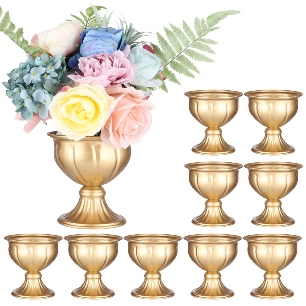 10 STK. Gold Metallvasen, kleine Blumenvasen im Set, 4,9 x 5,1 x 3,9 Zoll, goldene Vasen für Tischdekoration, Mini Metall-Blumentöpfe, Compote Vase für Zuhause, Hochzeit, Party Deko