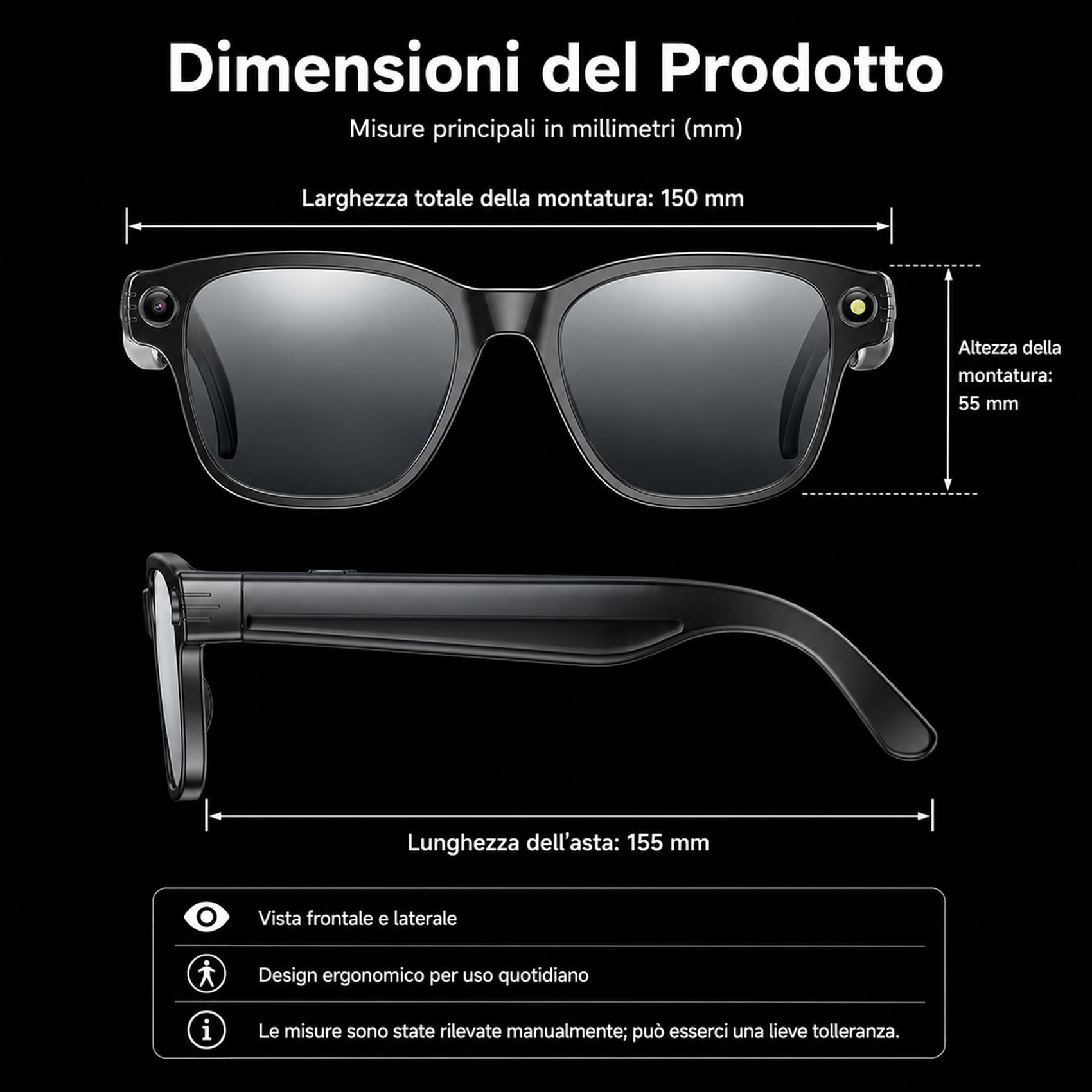 SINOTE'CA AI Smart Glasses con Telecamera 8MP, Occhiali Intelligenti con Lenti Fotocromatiche, Microfono Doppio con Riduzione Rumore, WiFi Transfer, 4GB, Ricarica Magnetica