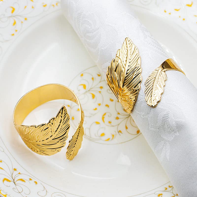 Gold Metal Leaf Napkin Rings Set of 4, Eucalyptus Napkin Rings Holder for Table Setting Dinner, Easter, Birthday, Christmas, Wedding, Thanksgiving Day Party of Table Setting Decoration