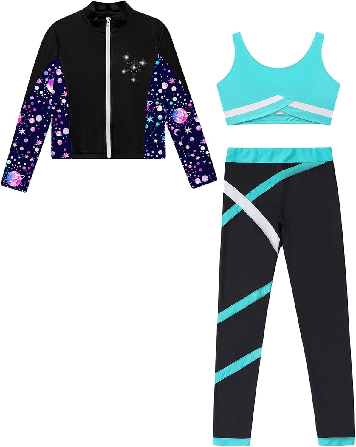 FEESHOW Girls Figure Ice Skating Training Suit Zip Up Skating Jacket Sleeveless Crop Top with Leggings Set